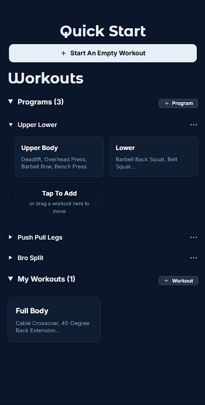 WeightLog main workout screen with exercise templates and quick-start options